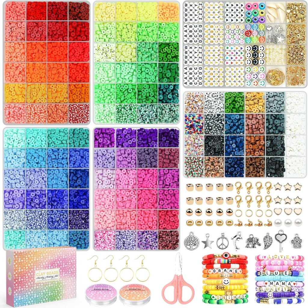 Sistenia 20,000 Pcs Clay Beads Bracelet Making Kit, 120 Colors 6 Boxes Polymer Beads Spacer Heishi Beads & Jewelry Kit with Pendant Charms Elastic Strings, Crafts Gift for Kids Adults