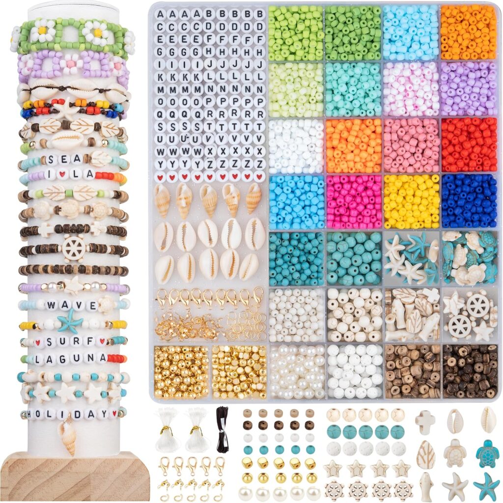 DoDoBeads Beach Beads for Bracelets, 6000pcs 4mm Glass Bead Bracelet Making Kit, Beach Beads for Jewelry Making, Summer Jewelry Crafting Kit with Letters & Numbers, Seashells, Spacers, Pearls