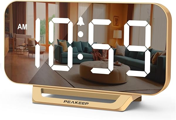 Peakeep Slim Digital Mirror Aesthetic Alarm Clock for Bedrooms Desk Decor – Plug in Electric Big LED Modern Small Clock for Office Living Room, Battery Backup, 6 Dimmers (Gold)
